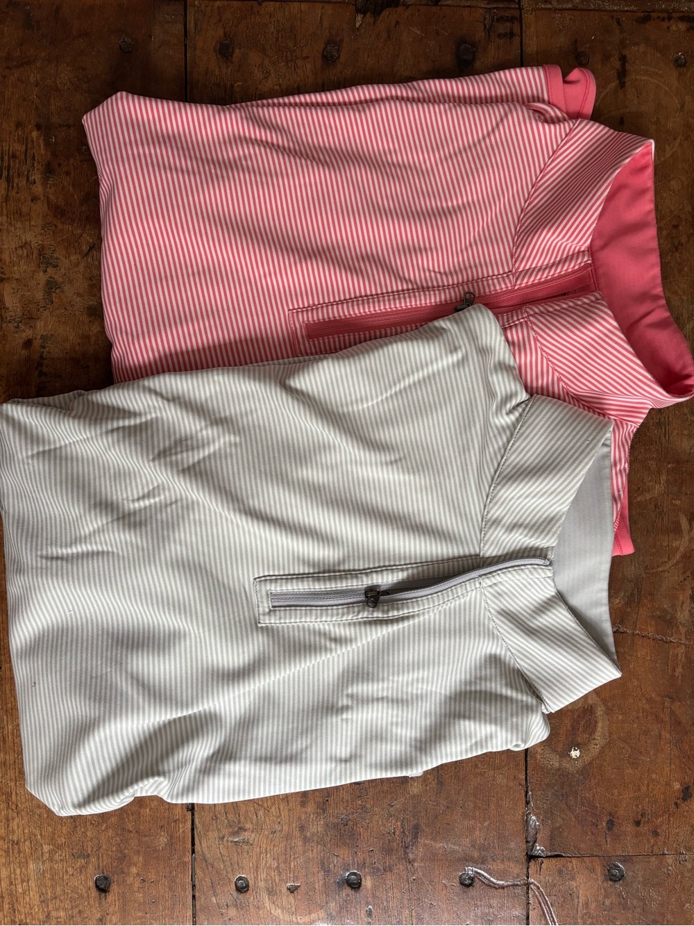 Peter Millar Pink and Light Gray Striped Quarter-Zip Golf Shirts